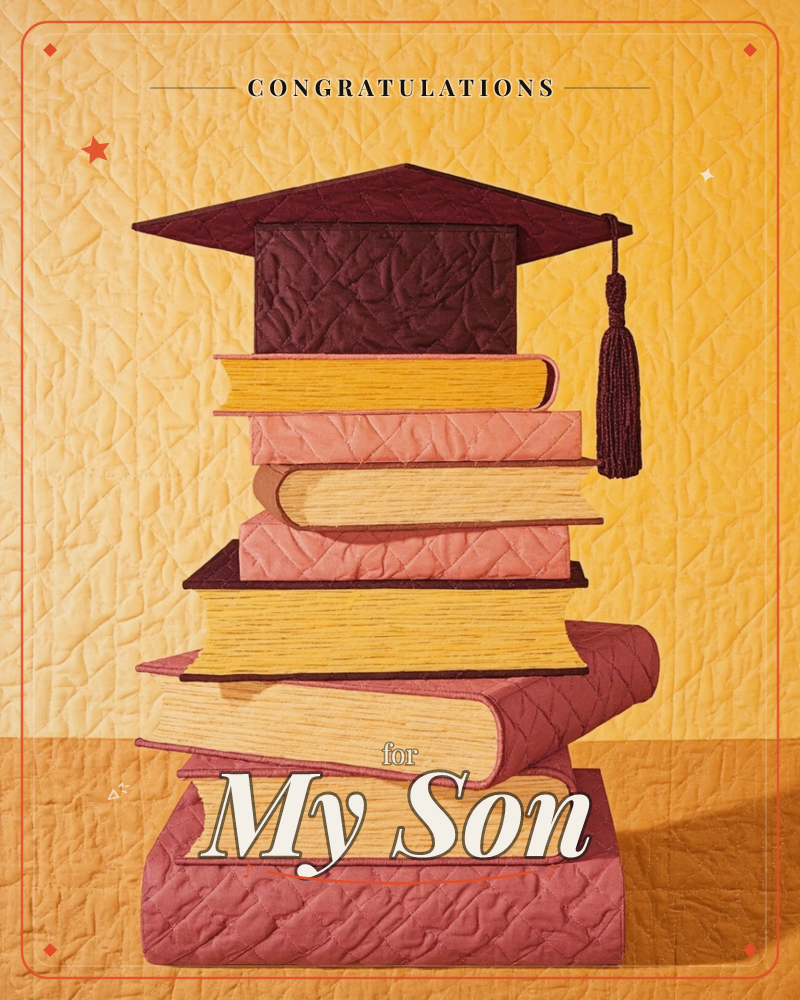 A tall stack of hardback books in maroon, gold and dusty pink rises against a warm crackled-gold background, topped with a dark maroon graduation cap…, a graduation e-card design