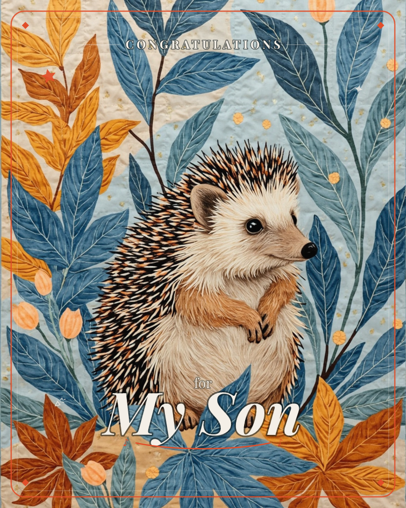 A round-eyed hedgehog sits front and centre with its paws tucked together, surrounded by tall slate-blue leaves and rust-orange autumn foliage dotted…, a graduation e-card design