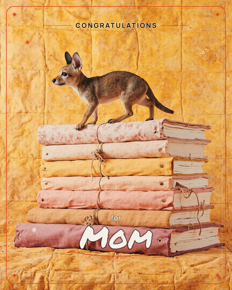 A small fox-eared, long-tailed creature stands balanced atop a tall stack of fabric-bound books, each volume tied shut with rough twine, a graduation e-card design