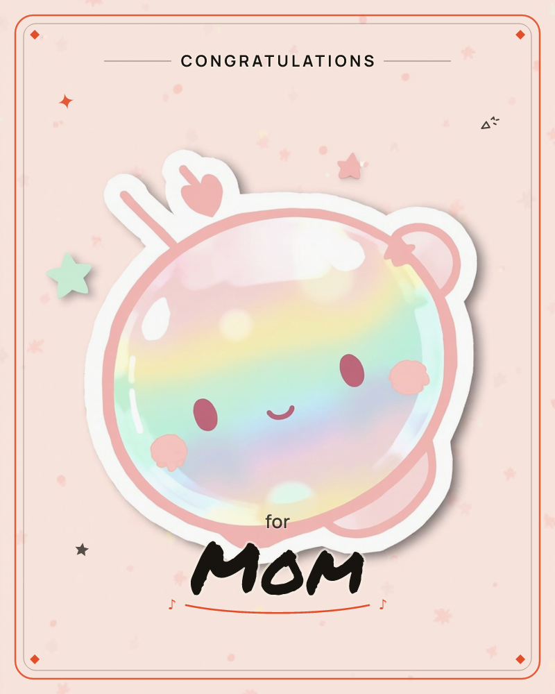 A round, iridescent bubble-creature with a soft smiling face floats against a pale pink backdrop dusted with tiny stars and confetti, a graduation e-card design