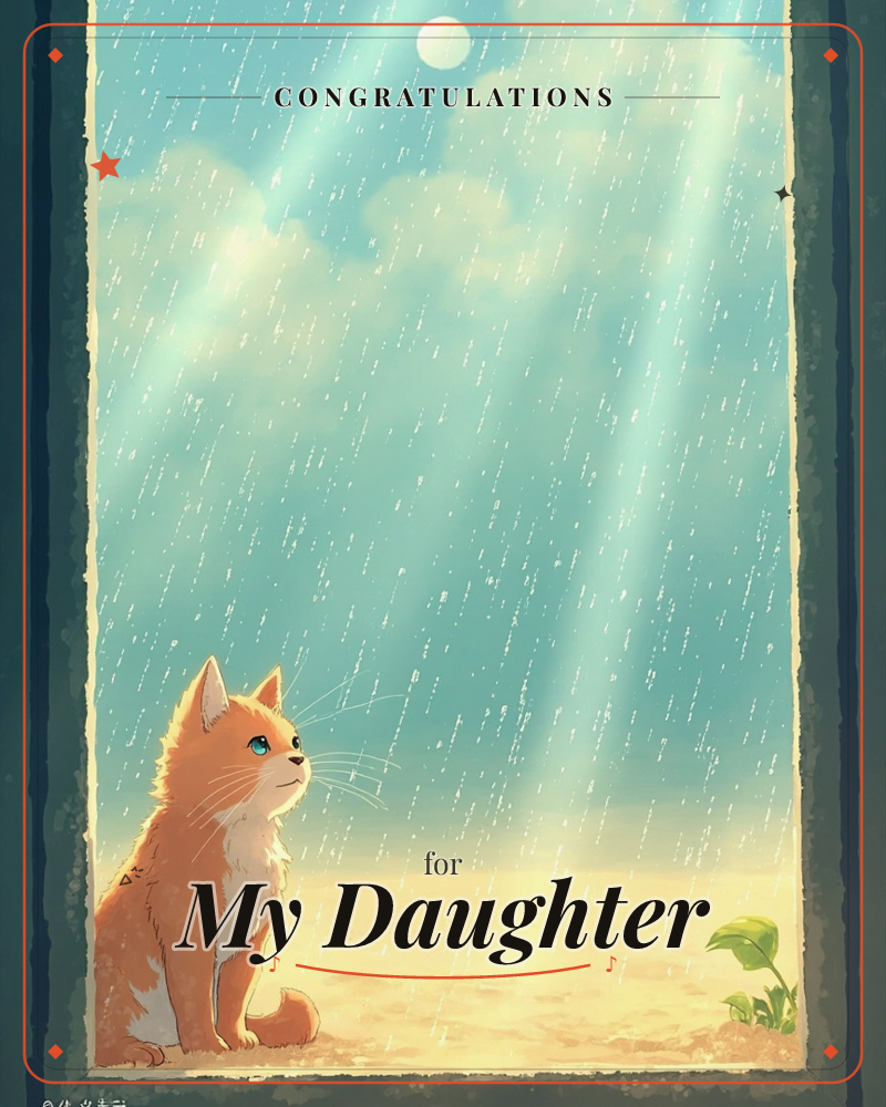 An orange tabby cat sits framed in an open window, gazing up at soft rain falling through beams of sunlight and drifting clouds, a graduation e-card design