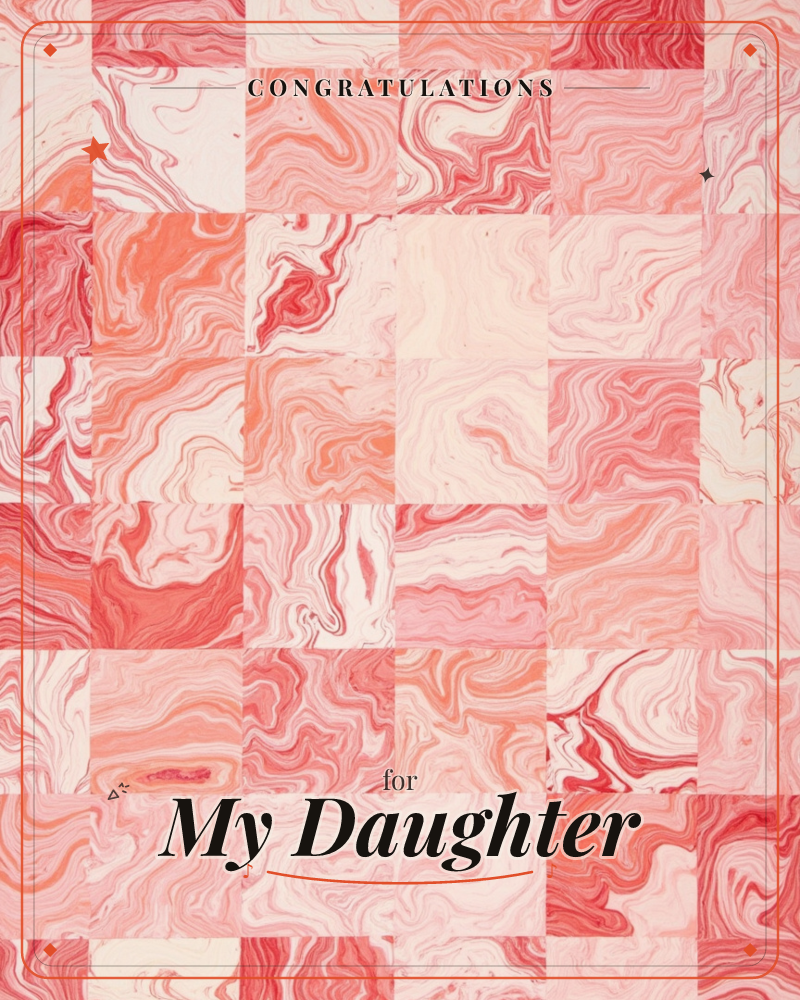 A grid of marbled paper swatches fills the card, each square swirling with its own current of pink, coral and cream, a graduation e-card design