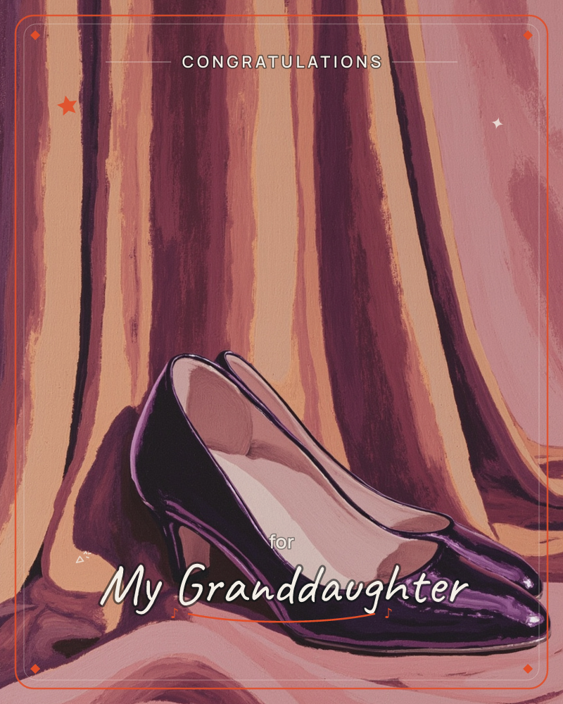 A pair of glossy black patent heels sits at the base of a heavy draped curtain, its folds striped in maroon, wine and warm gold, a graduation e-card design