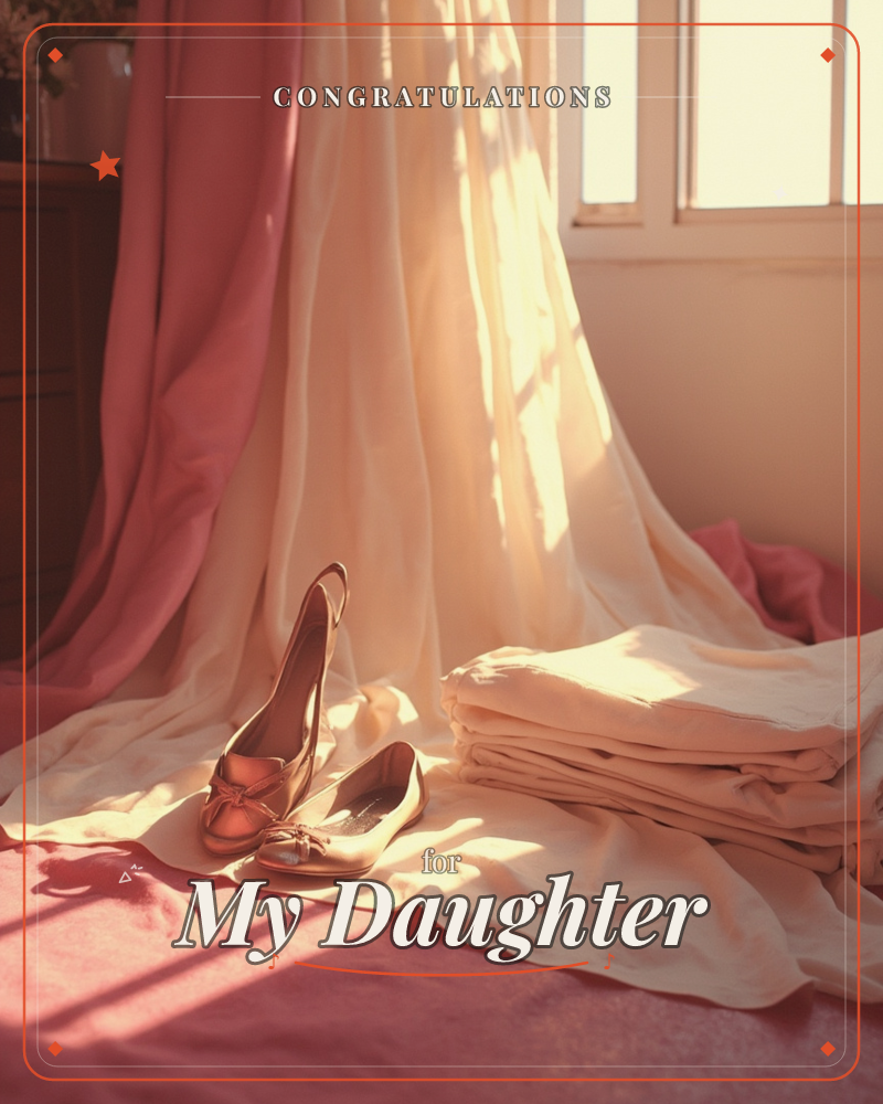 A pair of pink ballet flats and a strappy sandal sit atop a rumpled bed of pink and cream linen, beside a folded stack of soft fabric, a graduation e-card design
