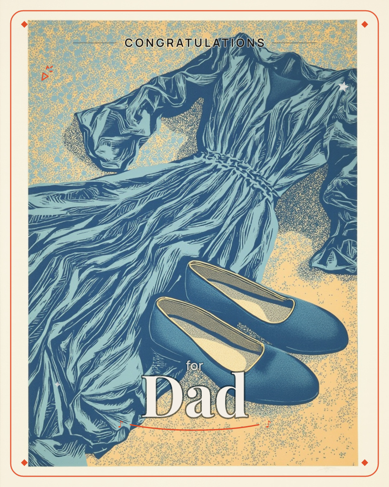 A flowing blue dress with cinched waist and puffed sleeves lies draped in soft folds, a pair of matching blue flats resting on top of the fabric, a graduation e-card design