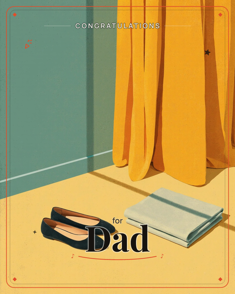 A pair of dark navy flats sits on a sunlit floor beside a neatly folded pale blue towel, with a mustard-yellow curtain hanging in heavy folds against a…, a graduation e-card design