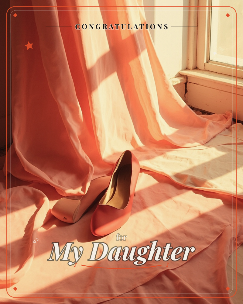 A pair of pink pointed-toe heels rests on a rumpled fabric backdrop beneath a peach curtain, sunlight streaming through a windowpane and casting long…, a graduation e-card design