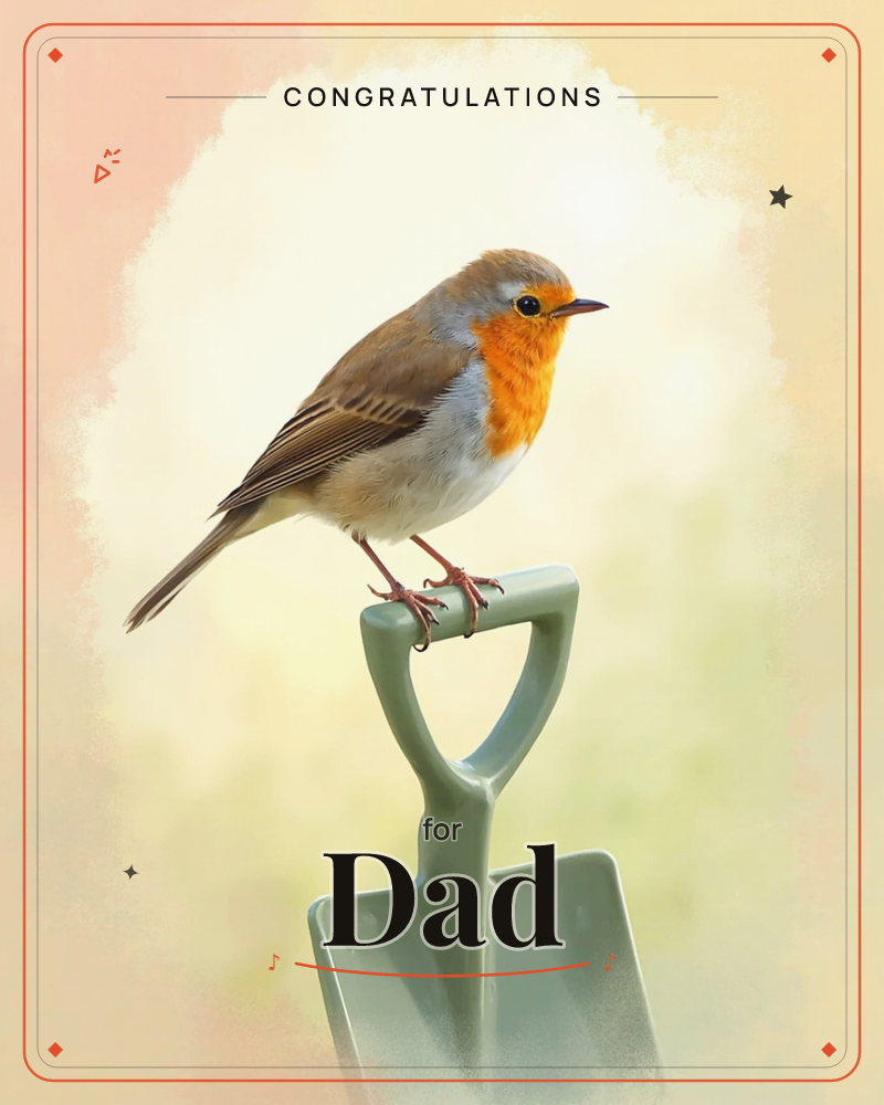 A robin with a bright orange face and breast perches on the D-shaped handle of a garden spade, its claws gripping the pale green metal, a graduation e-card design