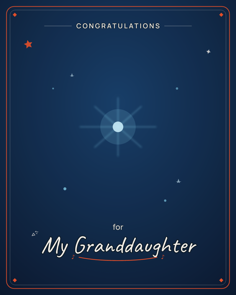 A deep midnight-blue sky glows softly at its center around one bright star, its light spreading in four long rays, a graduation e-card design by @DittyCityTeam