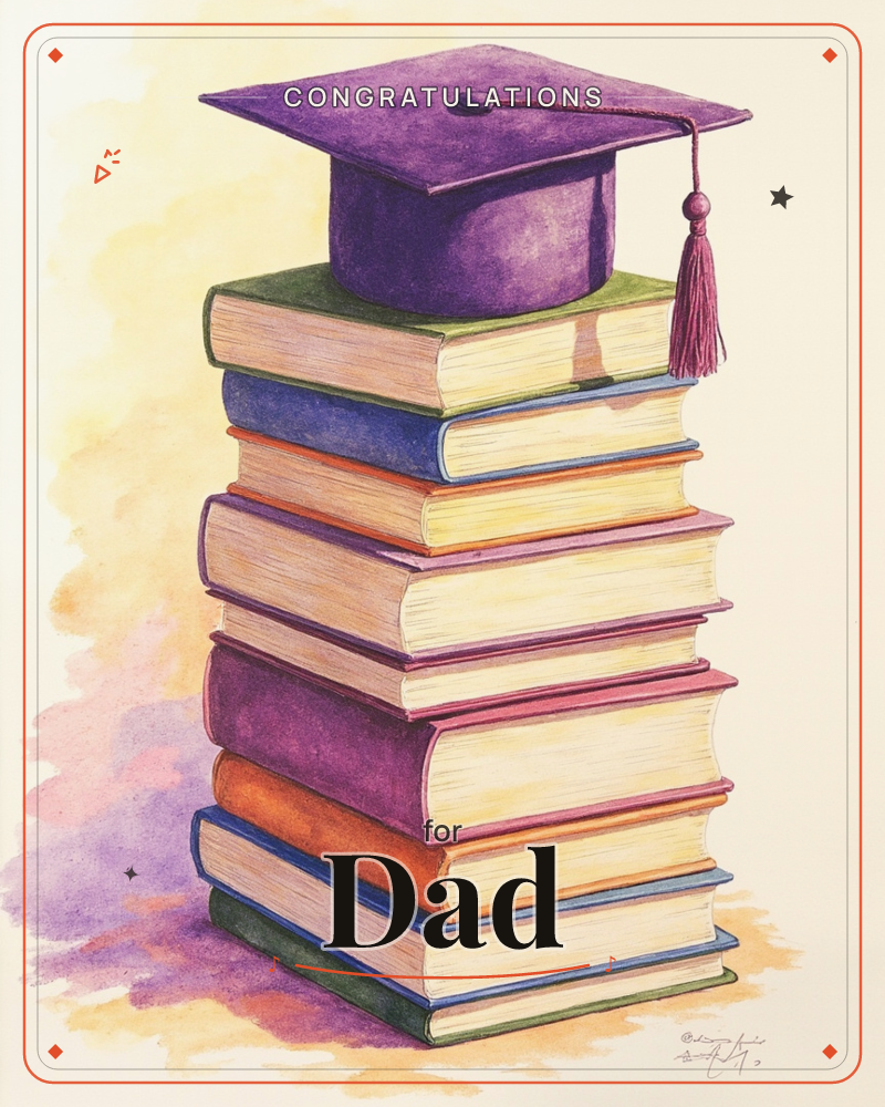 A tall stack of well-worn hardback books in shades of green, blue, purple and rust rises against a soft golden-cream background, topped with a purple…, a graduation e-card design
