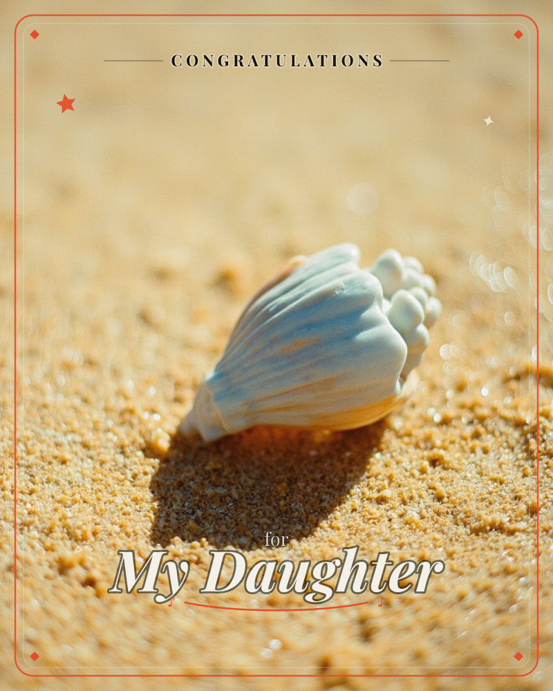 A single ridged seashell rests half-buried in sun-warmed golden sand, its pale blue-white surface catching bright light against a soft blur of…, a graduation e-card design