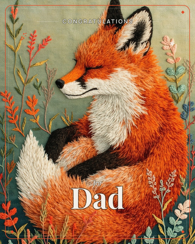 A red fox is curled into a sleeping coil, eyes closed and tail wrapped around its body, rendered in dense embroidered stitches on a sage-green fabric…, a graduation e-card design