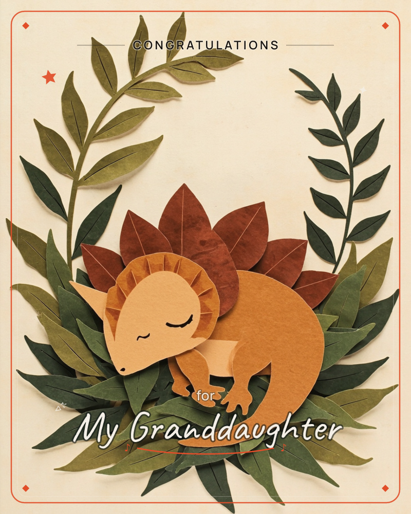 A small orange dinosaur with rust-red plates along its back curls up asleep amid a nest of layered paper leaves in olive and forest green, with two…, a graduation e-card design