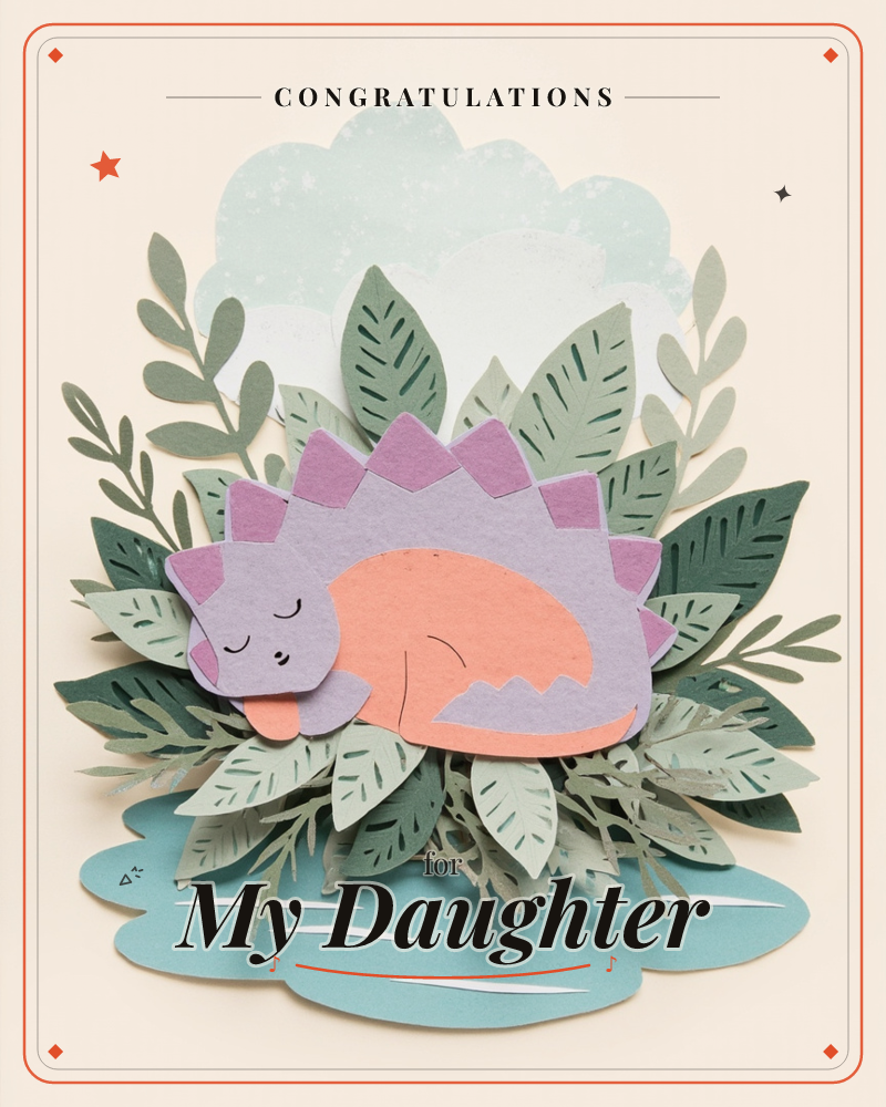 A layered paper-cut illustration shows a curled-up stegosaurus dozing peacefully among tropical leaves, its lilac body and coral belly nestled into a…, a graduation e-card design