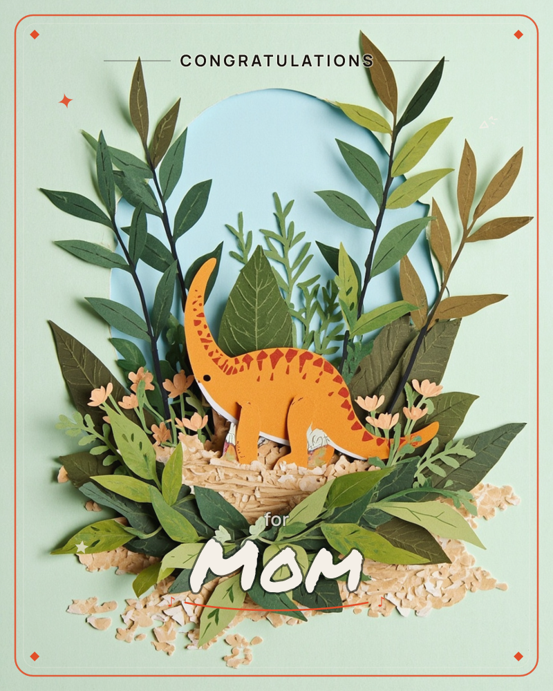 A cheerful paper-craft orange dinosaur with red spots stands amid layered leaves, branches and tiny peach flowers, all cut from textured paper against…, a graduation e-card design