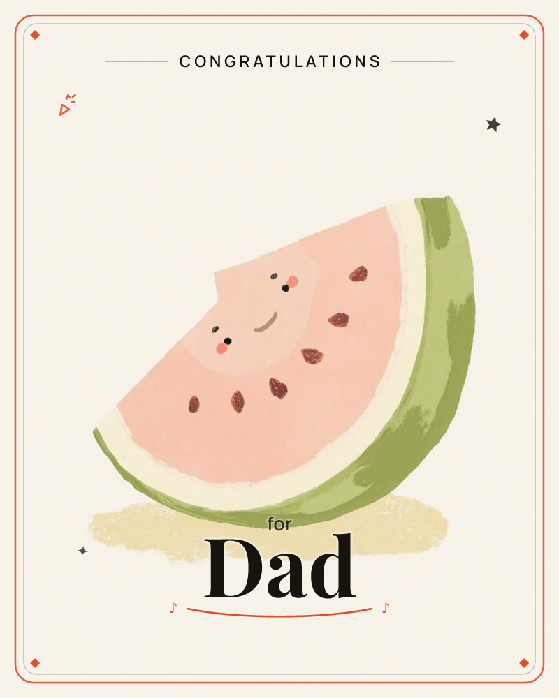 A single wedge of watermelon sits on a soft cream background, its pink flesh dotted with dark seeds and a pale green rind curving along the edge, a graduation e-card design