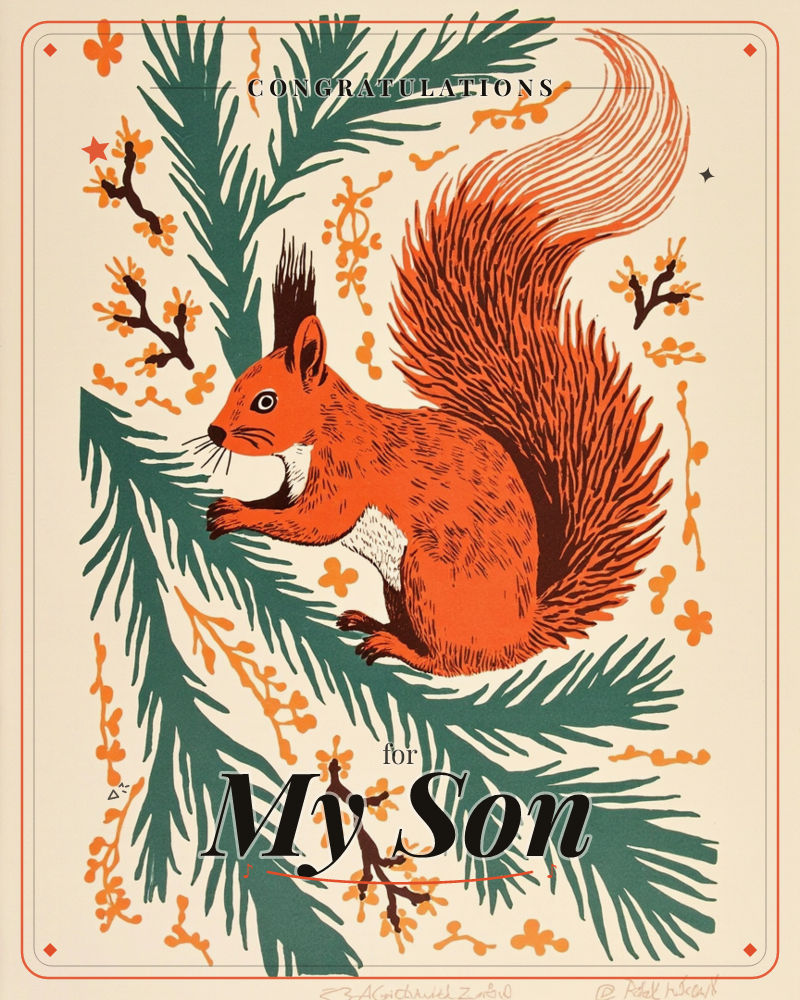A red squirrel with tufted ears and a great curling tail perches on a pine branch, nibbling something held in its paws, a graduation e-card design