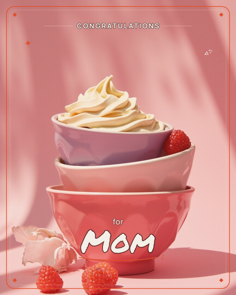 Three glossy bowls in coral, blush and lavender are stacked like nesting dolls, the top one crowned with a swirl of whipped cream and a single raspberry, a graduation e-card design