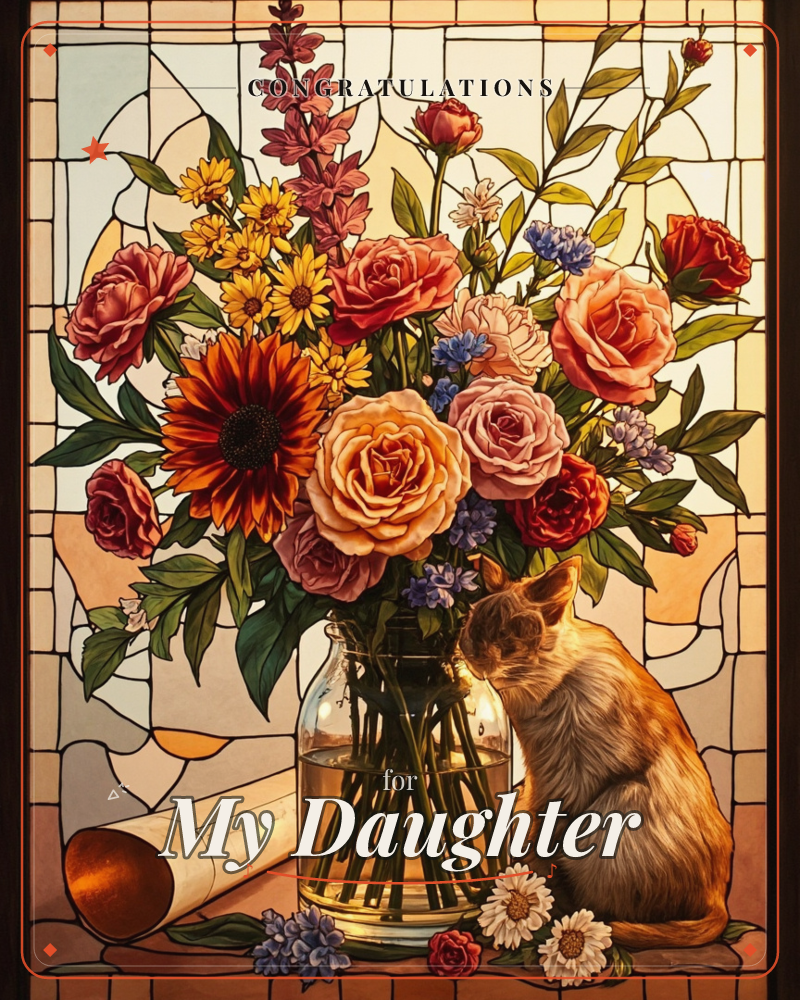 A stained-glass style illustration shows a glass vase overflowing with roses, sunflowers, daisies and larkspur, glowing amber and rose against a…, a graduation e-card design