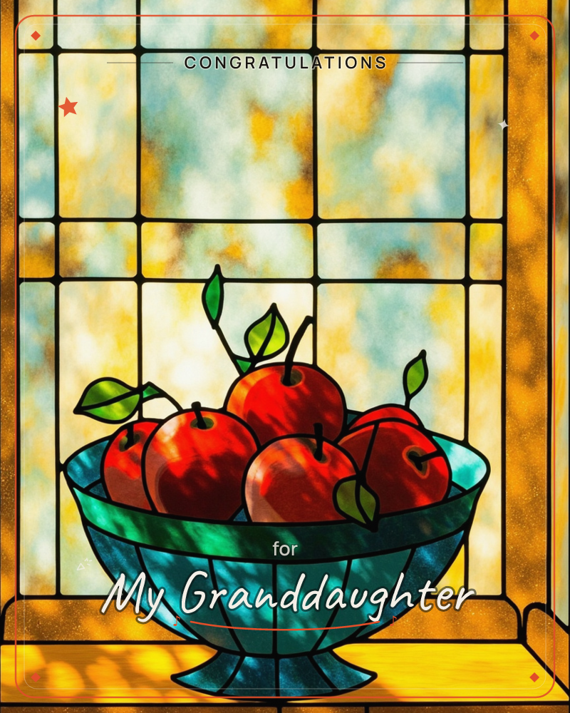 A stained-glass style illustration shows a teal pedestal bowl heaped with glossy red apples and small green leaves, set before a leaded window of amber…, a graduation e-card design