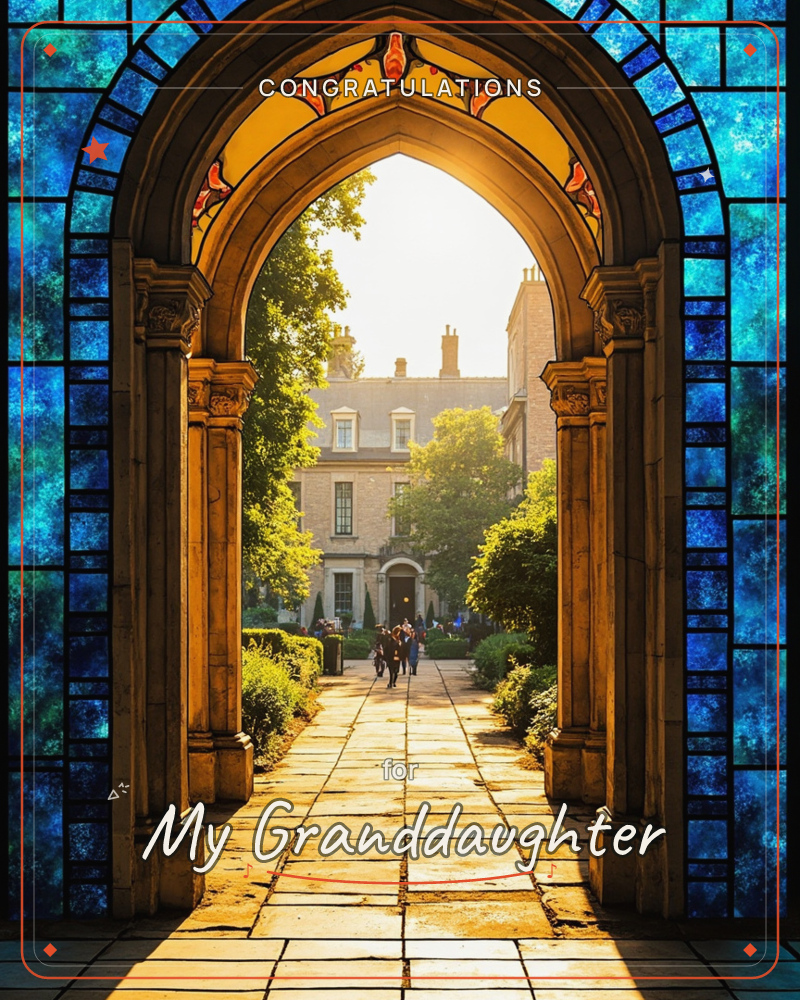 A stone archway framed in glowing stained glass opens onto a sunlit courtyard, where a stone path leads past trimmed hedges to a grand old building, a graduation e-card design
