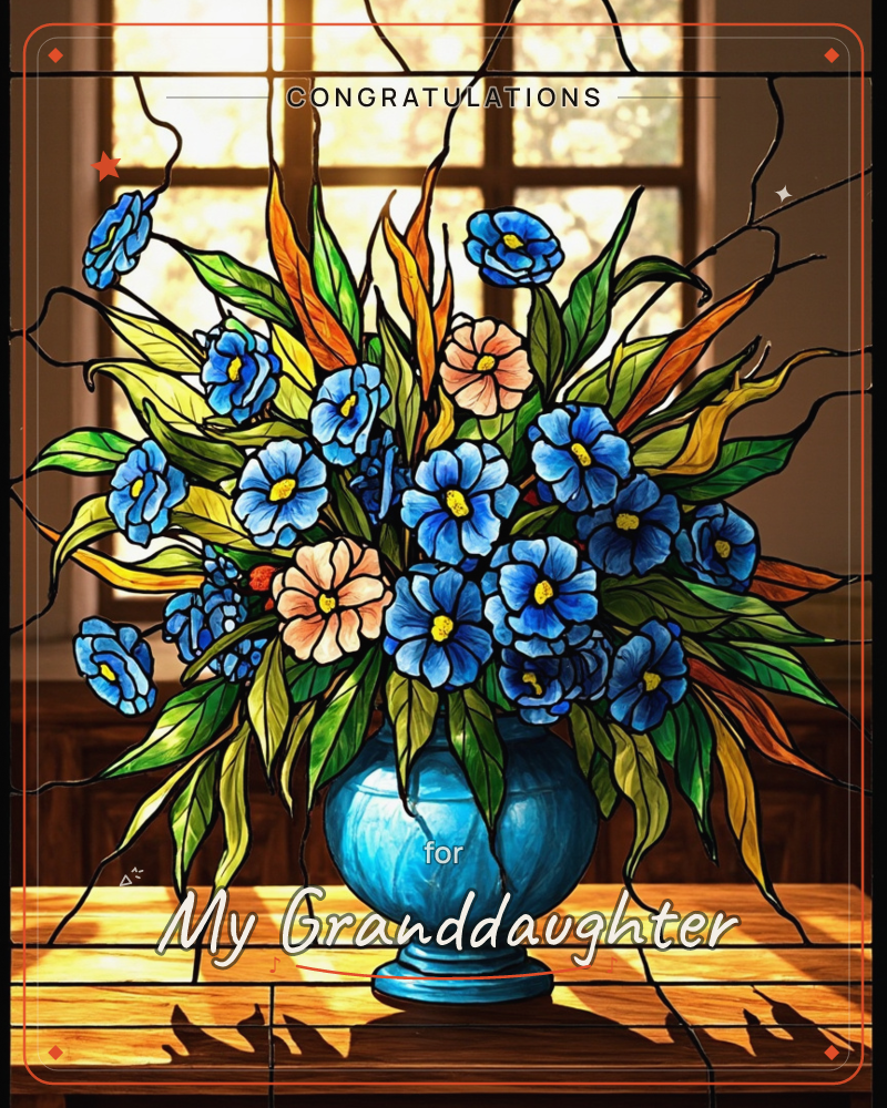 A stained-glass style bouquet of vivid blue blossoms and soft peach flowers spills from a round teal vase, framed by long amber and green leaves, a graduation e-card design