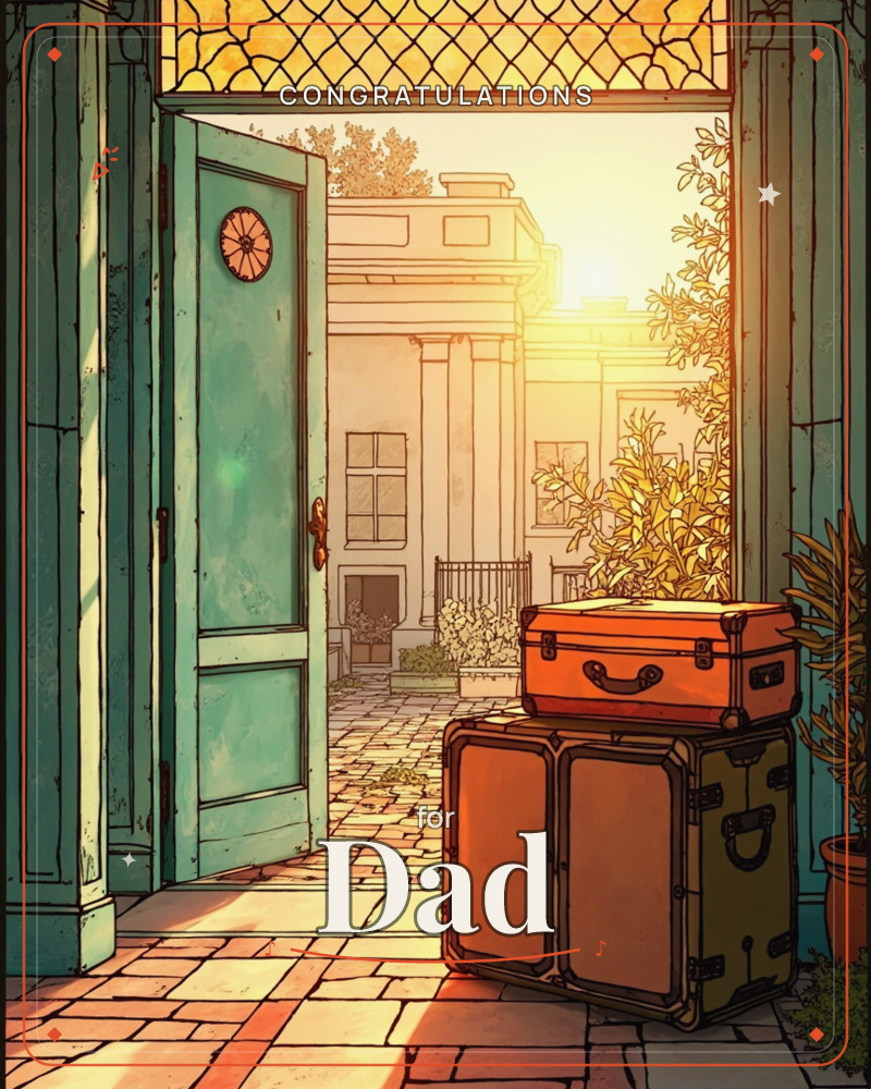 A weathered teal door swings open onto a golden courtyard, where cobblestones and a columned building glow in late-afternoon sun, a graduation e-card design