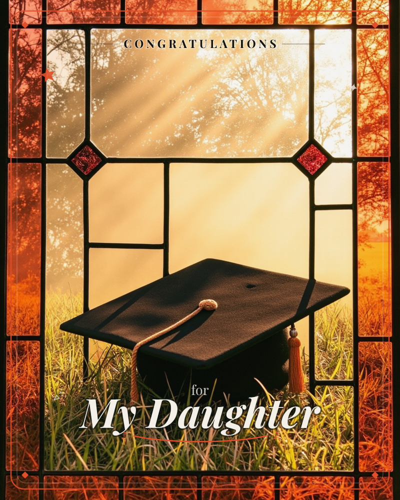 A graduation cap with a gold tassel rests in a patch of grass, viewed through a stained-glass window framed with amber and ruby diamond panes, a graduation e-card design