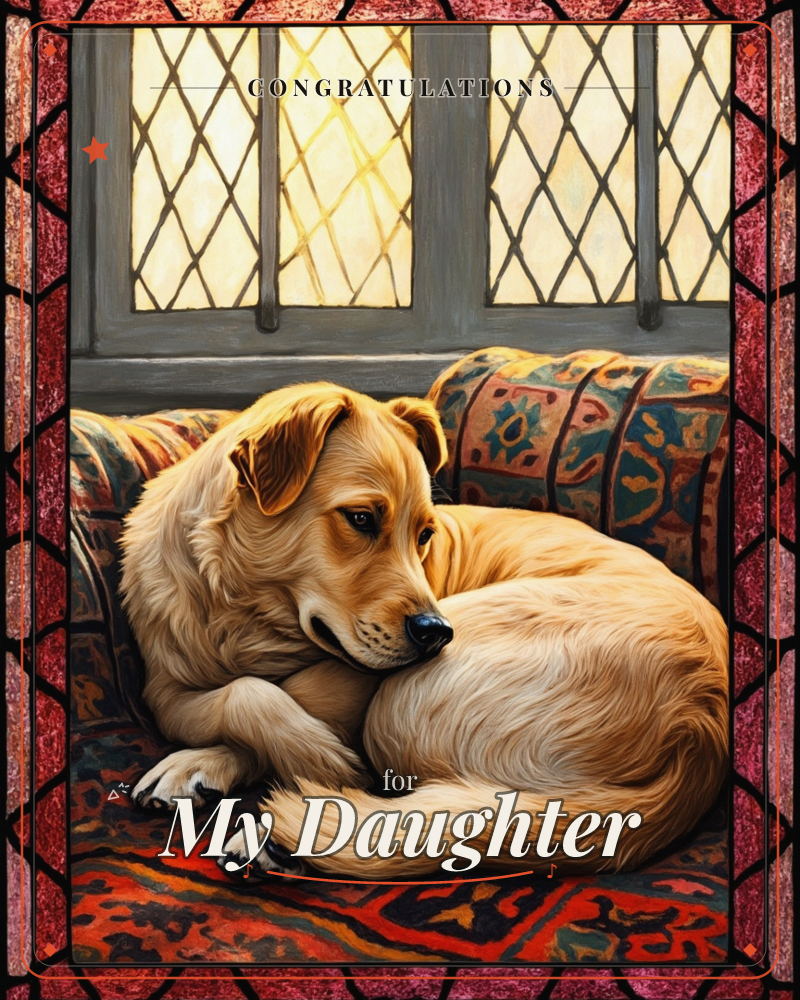 A golden dog lies curled on a patterned cushion, tucked into the corner of a sofa beneath a leaded, diamond-paned window glowing with soft amber light, a graduation e-card design