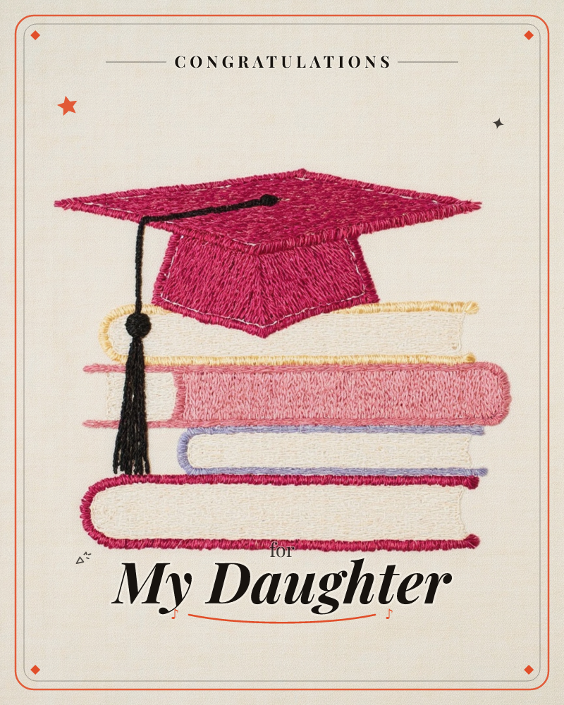 An embroidered-style illustration shows a magenta graduation cap with a black tassel resting atop a stack of books in cream, yellow, pink, and…, a graduation e-card design