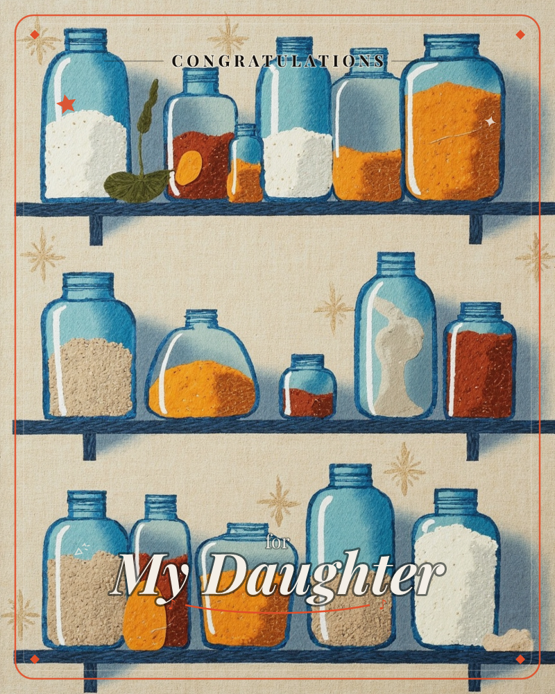 Three dark blue shelves hold rows of glass jars filled with pantry staples: flour, turmeric, paprika, sugar and spice blends, all rendered in warm…, a graduation e-card design