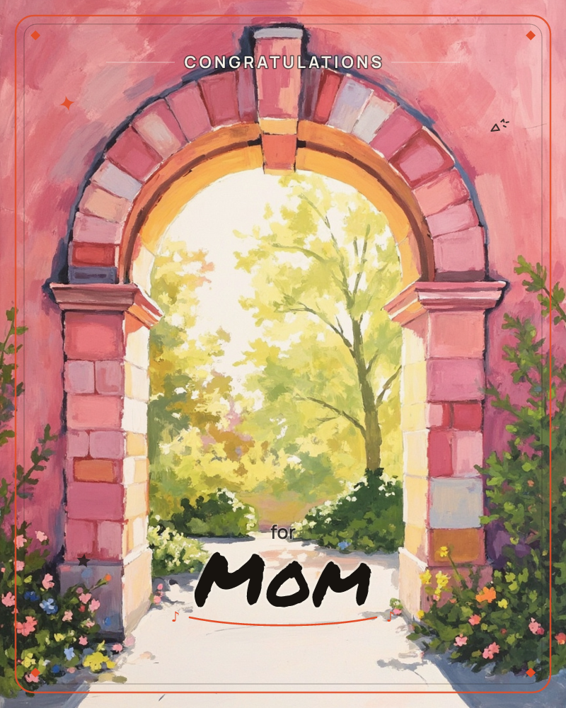 A brick archway set into a rose-pink wall opens onto a sunlit garden path, with a golden-leaved tree glowing just beyond the threshold, a graduation e-card design