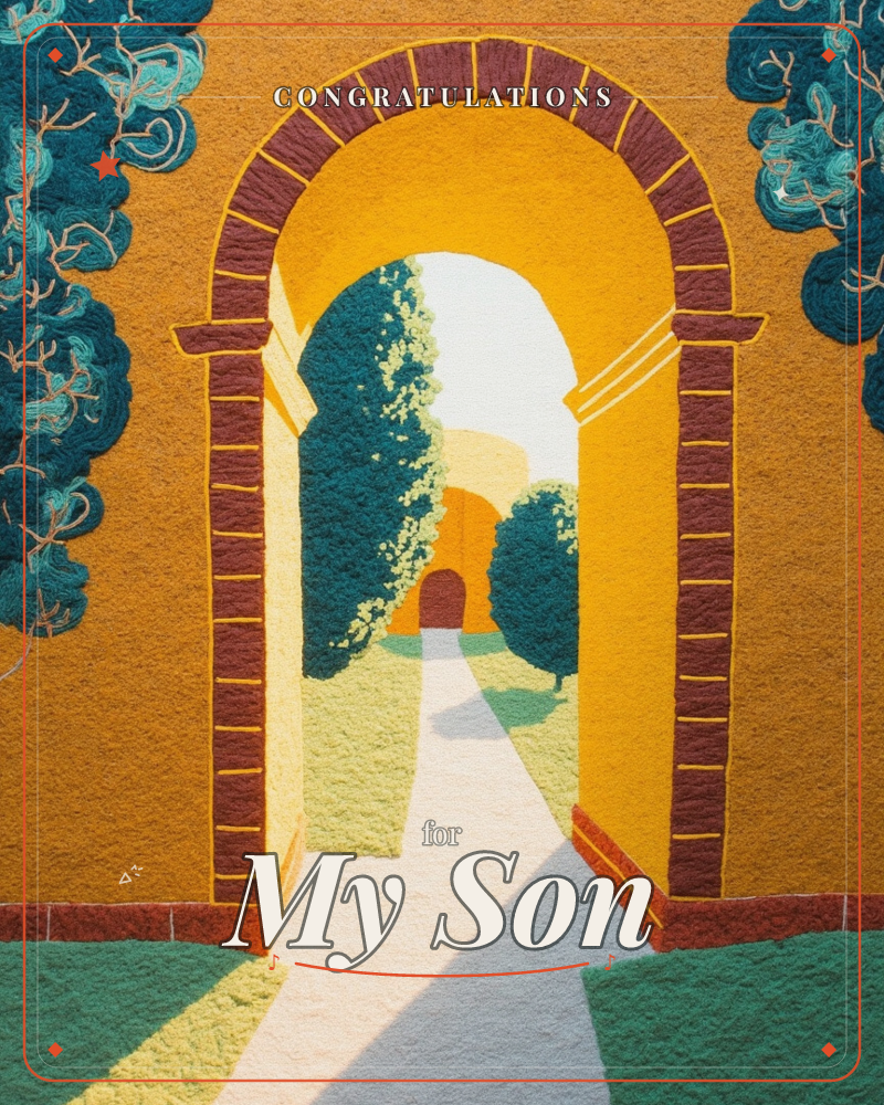A brick archway cut into a mustard-yellow wall opens onto a sunlit garden path lined with tall trimmed cypress trees, leading toward a distant glowing…, a graduation e-card design