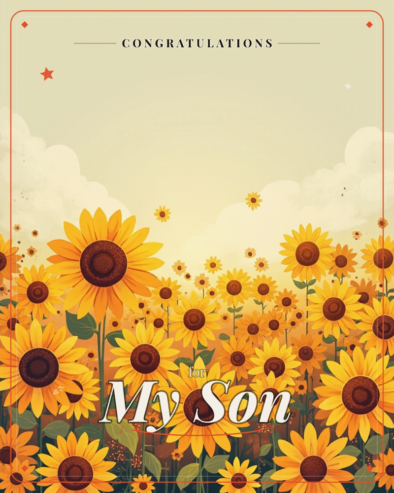 A dense field of sunflowers fills the lower half of the card, their golden petals and dark brown centres rendered in flat, stylised layers, a graduation e-card design