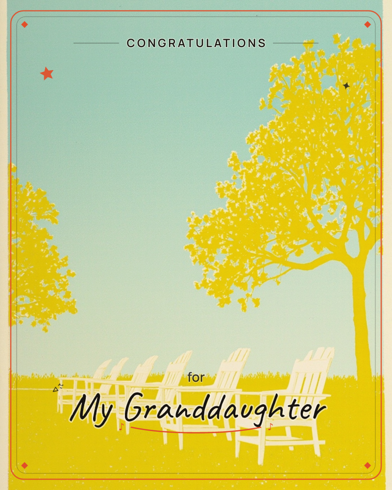 A row of empty adirondack chairs faces out across a grassy lawn beneath two golden-yellow trees, set against a soft aqua sky, a graduation e-card design