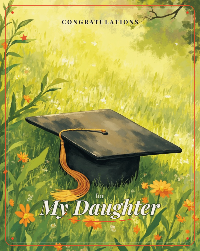 A black graduation cap with a gold tassel rests low in a sunlit meadow, surrounded by wild grass and small orange and white flowers, a graduation e-card design
