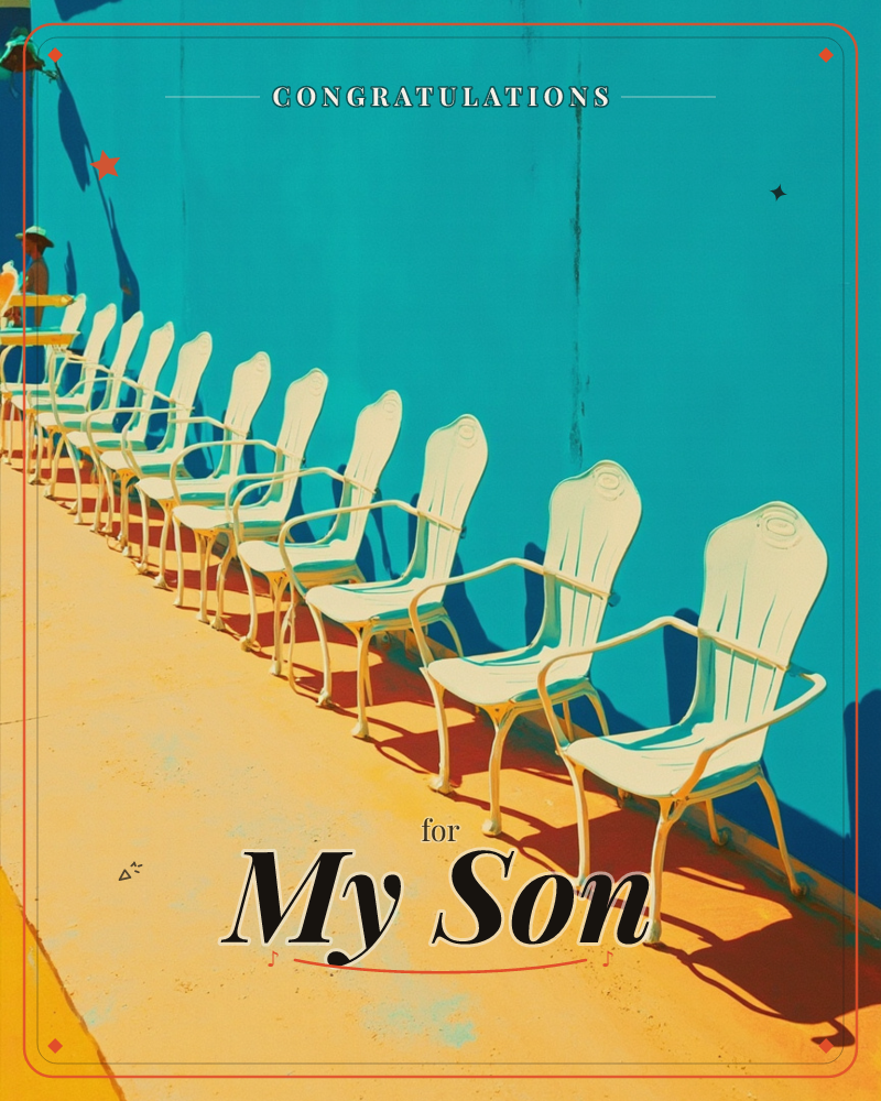 A long row of white metal chairs lines a bright turquoise wall, their curved backs casting sharp diagonal shadows across the sunlit pavement, a graduation e-card design