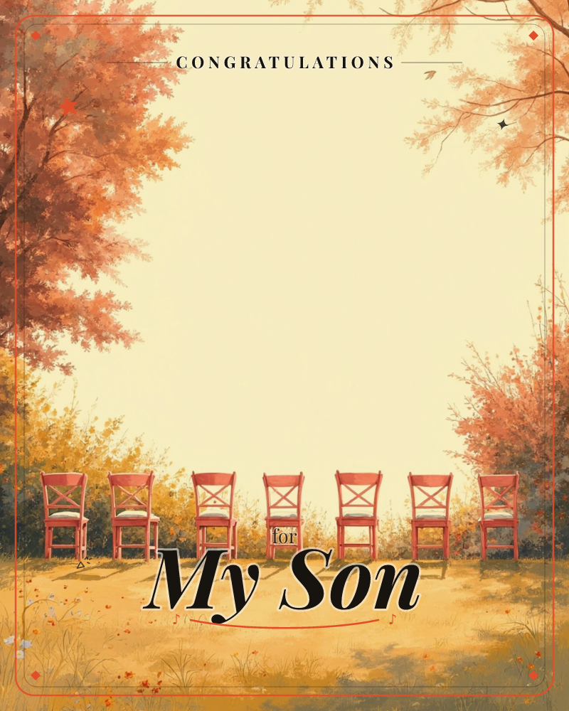 A row of empty red wooden chairs lines up on a grassy path beneath autumn trees heavy with orange and rust-coloured leaves, a graduation e-card design