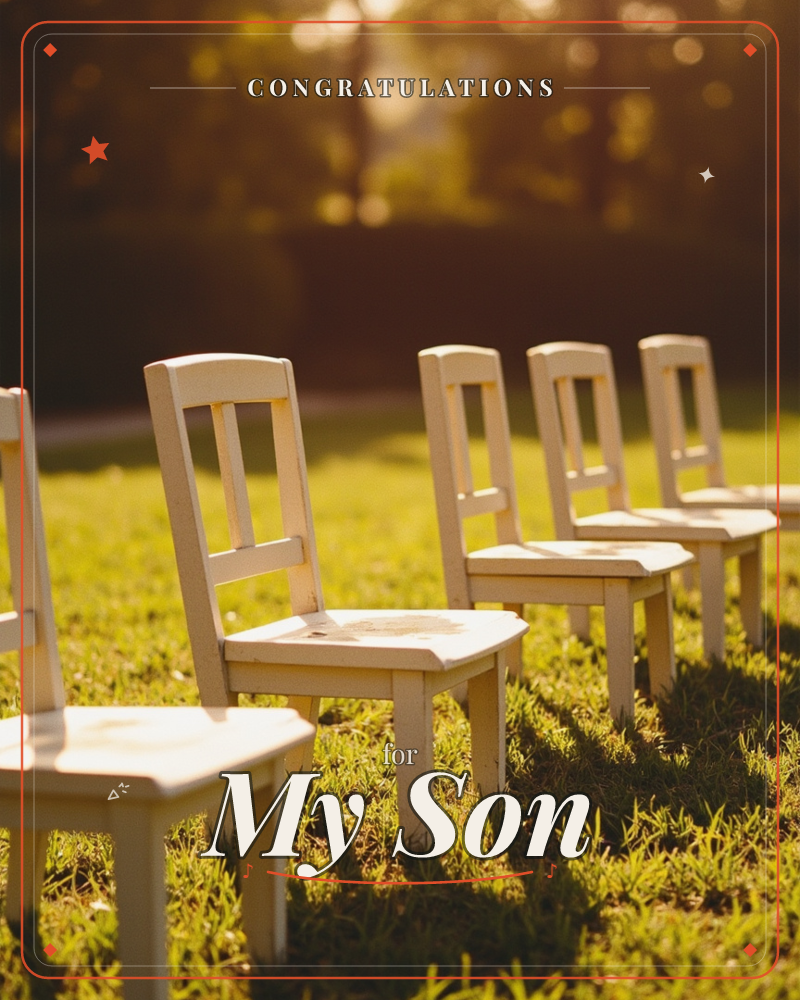A row of small white wooden chairs stands empty on a sunlit lawn, arranged as if waiting for a ceremony to begin, a graduation e-card design