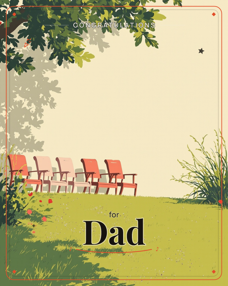A row of five empty garden chairs, alternating pink and red, lines the crest of a grassy hill beneath the shade of an overhanging tree, a graduation e-card design
