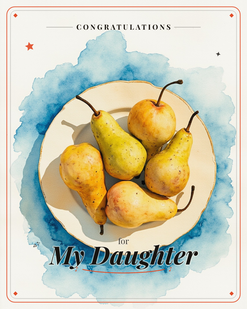 A cream-coloured plate holds five ripe pears, painted in mottled yellows and blushed pinks, their curved stems pointing in different directions, a graduation e-card design