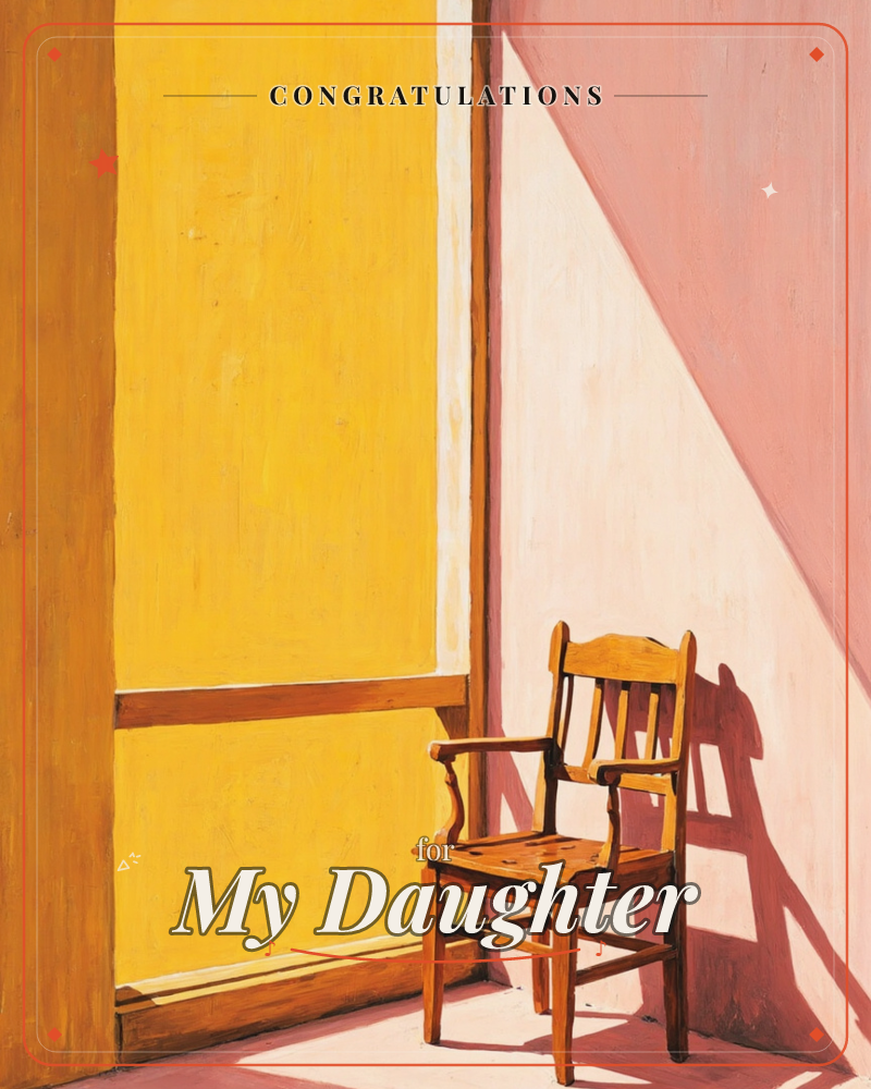 A single wooden armchair sits in the corner of a sunlit room, where a mustard-yellow wall meets a pink one at a sharp diagonal, a graduation e-card design