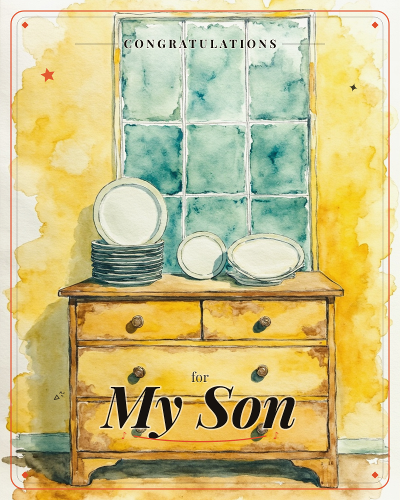 A wooden chest of drawers sits below a paned window, its surface stacked with white plates and shallow bowls in mismatched sizes, a graduation e-card design