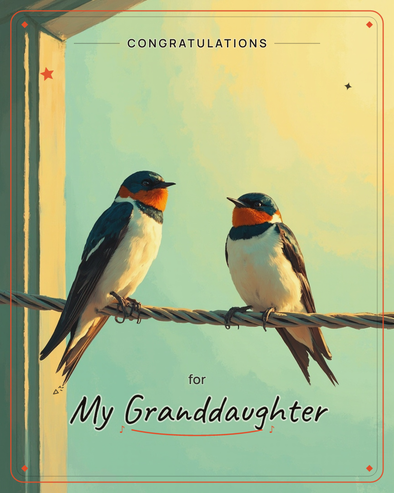 Two swallows perch on a twisted wire beside a window frame, their glossy blue backs and rust-orange throats catching a warm, hazy light, a graduation e-card design