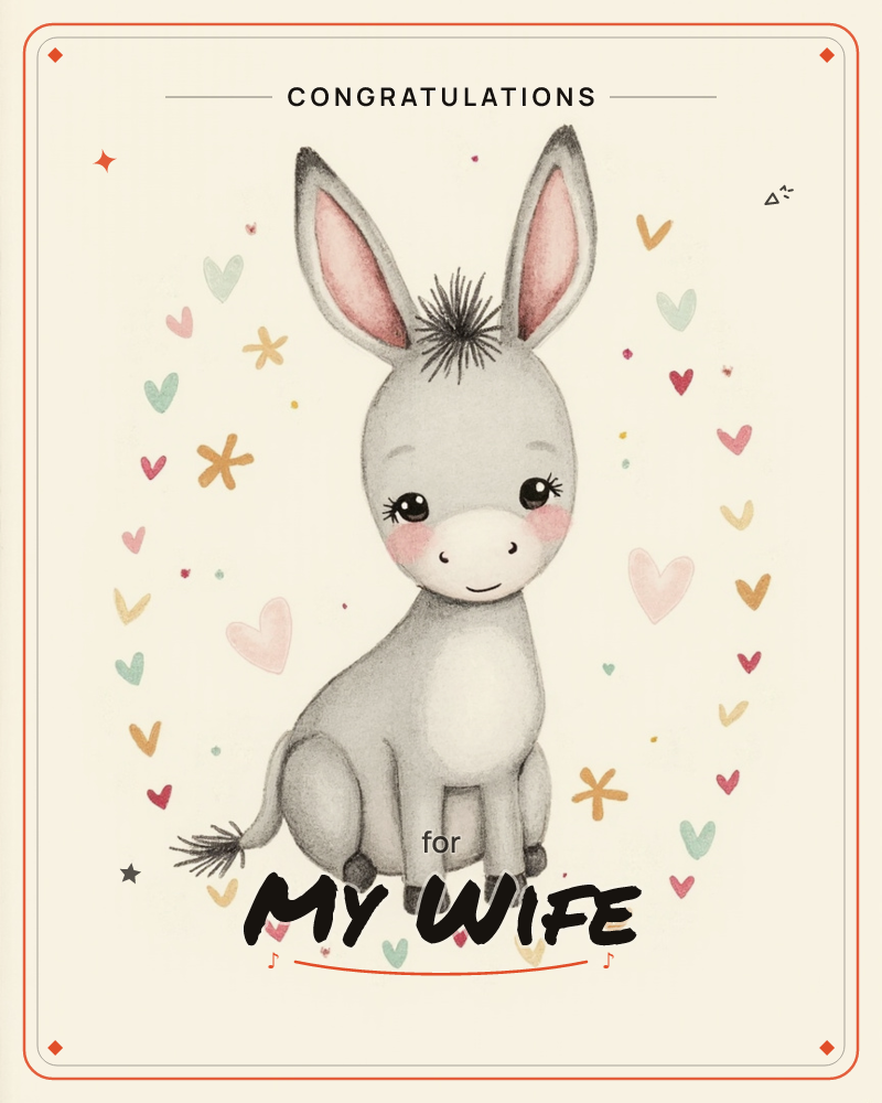 A small grey donkey sits sweetly on a cream background, big ears perked up and a tuft of dark hair between them, with rosy cheeks and a gentle smile, a graduation e-card design