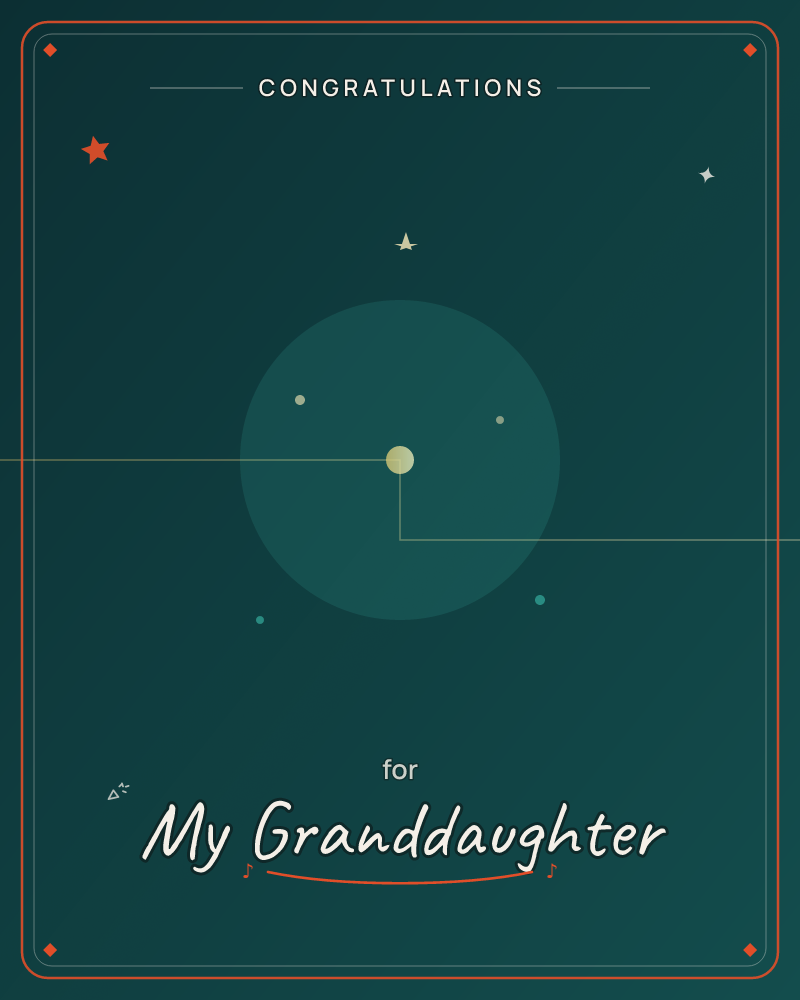 A deep teal night sky holds a single glowing circle at its centre, ringed by a soft halo and scattered faint dots like distant stars, a graduation e-card design by @DittyCityTeam