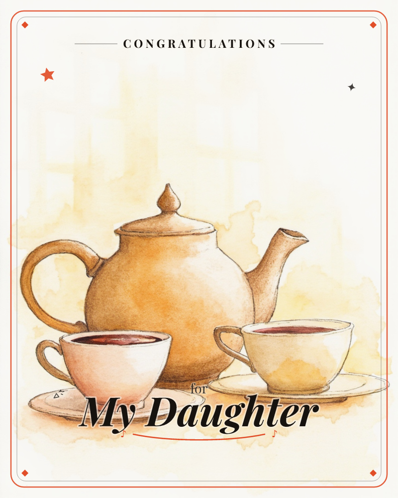 A warm watercolour still life of an amber teapot flanked by two filled teacups on saucers, painted in soft golden washes with a hazy, sunlit window…, a graduation e-card design