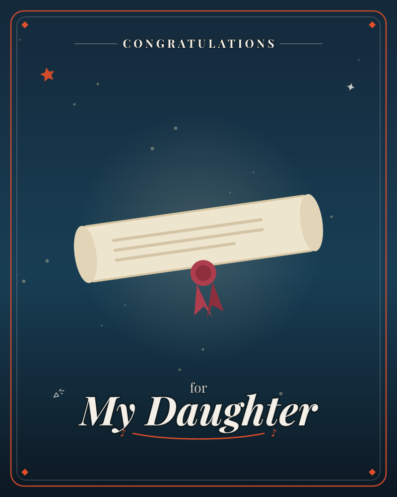 A rolled diploma tied with a red ribbon and seal, lying against a deep teal ground, a graduation e-card design