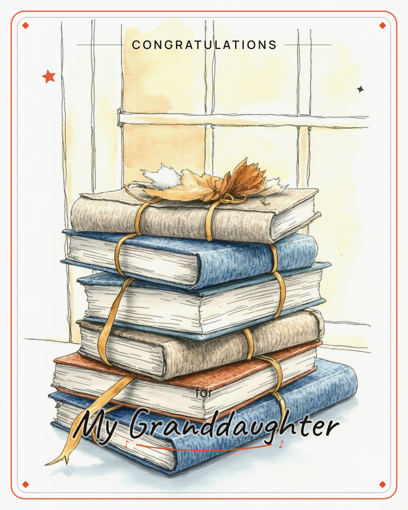 A tall stack of well-worn hardback books sits bound together with a golden ribbon in front of a paned window with warm amber light behind it, a graduation e-card design
