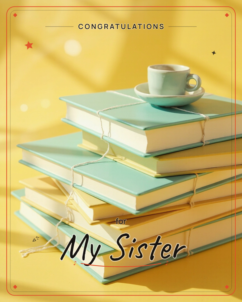 A stack of pastel mint-green books, each bundled with string, is topped with a small teal espresso cup and saucer, a graduation e-card design